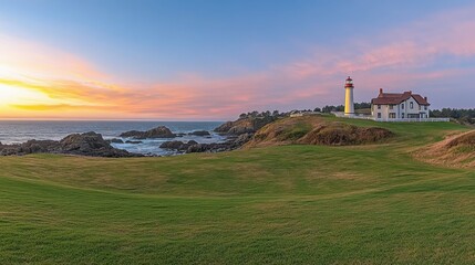 Fototapeta premium Dramatic coastal lighthouse with rotating beam cutting through fog at sunset