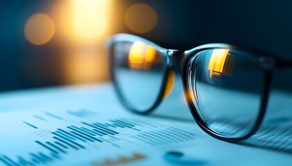 Close-up of glasses resting on a financial report with colorful graphs under warm light, representing analysis and insights.