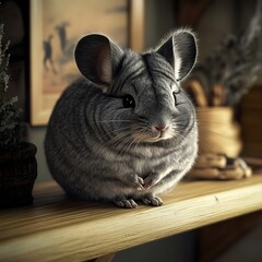 Cute Small Chinchilla with Big Round Eyes Sitting Peacefully on a Wooden Shelf