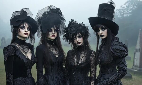 Gothic group of women in black lace dresses and dramatic makeup standing in misty cemetery. Dark subculture aesthetic concept