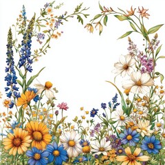Watercolor Floral Frame with Blooming Wildflowers and Delicate Greenery for Spring Wedding Invitation Design