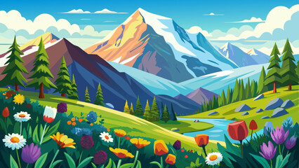 peaceful alpine valley with blooming meadows and towering peaks under the soft glow of spring sunlight © koushkij