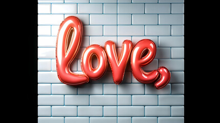 Red Balloon Love Word on White Brick Wall