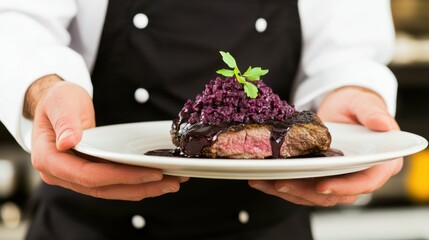 Fine dining experience with chef presenting gourmet dish