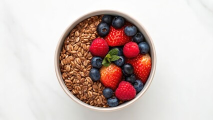 Healthy diet nutrition for longevity, A bowl filled with oats and fresh strawberries, blueberries, and raspberries.