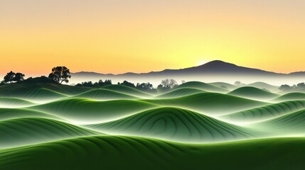 Foggy valley with glowing grass trails at sunrise