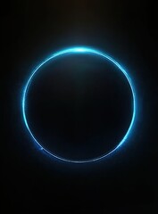 A digital art illustration of a glowing blue ring with tiny light dots around it, dark background, cool lighting, sci-fi style with a mysterious and futuristic atmosphere
