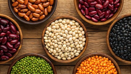 Naklejka premium Healthy diet nutrition for longevity, Colorful variety of beans in wooden bowls arranged on a rustic wooden surface.