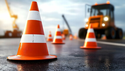 Close-up of orange and white traffic cones on a construction site with heavy machinery in the background, emphasizing safety and caution.