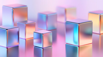 Obraz premium Geometric Harmony: An array of shimmering metallic cubes, arranged in a visually appealing composition with mesmerizing colors, creating a modern and artistic scene.