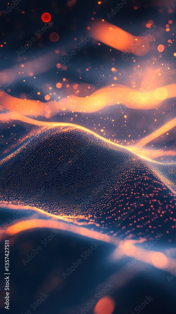 Poster abstract data stream visualization with glowing dots on dark blue background generating network wave