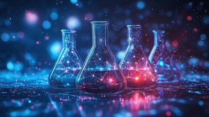 Suspended particles glowing faintly in green and purple luminous liquids swirling gently inside roundbottom flasks, glowing brightly, close up, dynamic molecular experiment setup