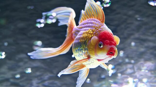 Close-up video angle of a vibrant goldfish swimming, showcasing its colorful scales and flowing fins against a softly blurred aquatic background.