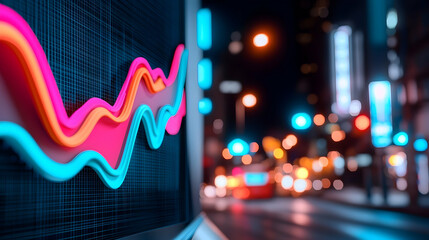 Neon Pink Orange And Blue Stock Market Graph Overlay On Blurry Night City Background