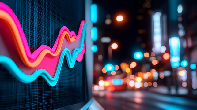 Neon Pink Orange And Blue Stock Market Graph Overlay On Blurry Night City Background