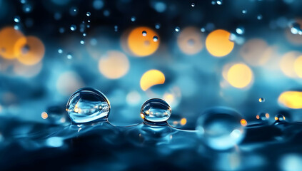Close-up of water droplets on a surface, capturing the beauty of nature and light reflections in a vibrant blue atmosphere.