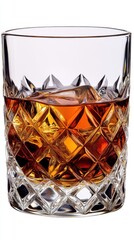 Elegant crystal glass filled with amber whiskey showcasing intricate diamond cut design and smooth texture on white background