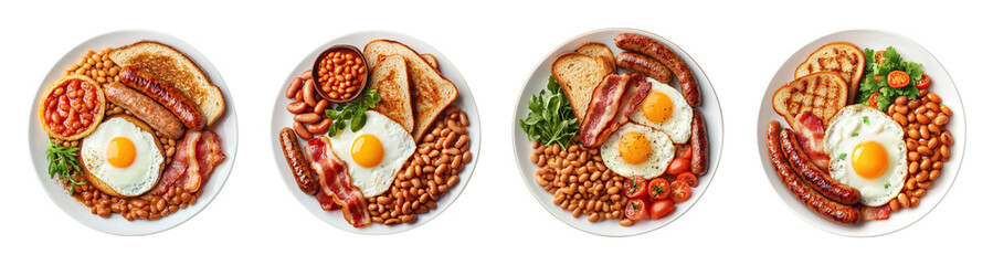 Fototapeta premium Delicious breakfast spread featuring eggs, sausages, bacon, beans, and toast, perfect for hearty meal, transparent background.