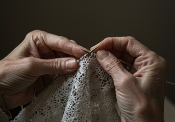 Obraz premium Traditional lace knitting by mature artisan woman
