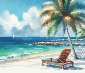 Obraz premium Tropical sandy beach with beach chair .Ocean beach landscape . Holiday and summer vacation concept . Vector seascape with palm trees. Seashore background.