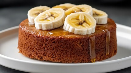 Delicious Cake Topped with Fresh Bananas on Elegant White Plate Display