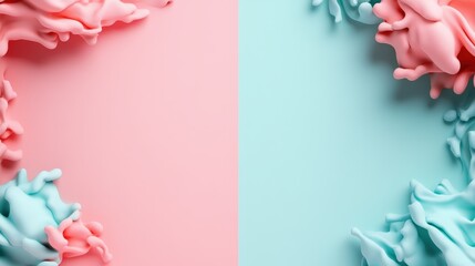 Pink and light blue liquid splashes create a vibrant frame on a beautifully split background showcasing delicate gradient colors in motion and design.