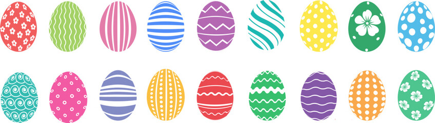 Cartoon colorful Easter eggs vector set . Collection of Easter eggs simple icons. Painted icons of eggs with ornament in flat design .Happy Easter decoration .	