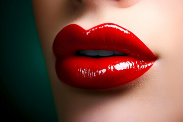 Obraz premium Close-up view of glossy red lips, capturing allure and beauty. Perfect for cosmetic and fashion-themed content.