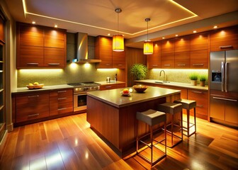 Warm Kitchen Recessed Lighting, Low Light Photography, Modern Interior Design