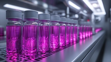 Organized array of test tubes filled with glowing purple and pink solutions, copy space, ethereal modern research station