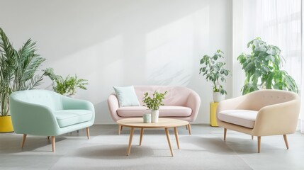 Fototapeta premium A modern Scandinavian-inspired living room with three light pastel-colored sofas--one mint green, one soft pink, and one pale yellow