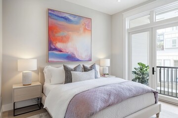 Serene bedroom interior design with abstract painting cozy bedding and balcony view natural light aesthetic home decor