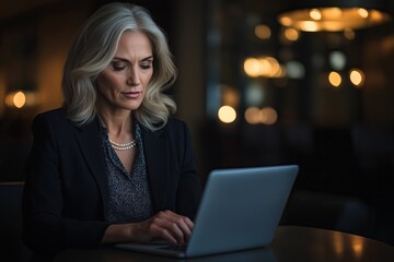 Elegant woman works intently on laptop in dimly lit space focused and professional demeanor
