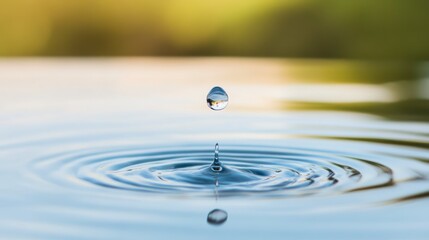 Serene Splash: Witness the captivating moment of a water droplet gracefully falling into a tranquil body of water, creating delicate ripples that spread outwards.