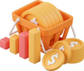 Bar chart with coin in basket, 3d illustration of Icon affiliate marketing