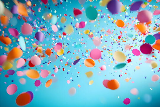 Colorful confetti falls against a serene blue background, creating a vibrant and festive atmosphere perfect for celebrations.
