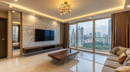 Fototapeta premium A photographic illustration of a modern living room with a beige sofa, wooden coffee table, and large TV, large floor-to-ceiling windows in the background showing a city skyline