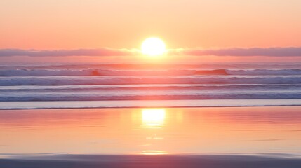 Obraz premium Peaceful sunrise over ocean waves reflecting on wet sand.