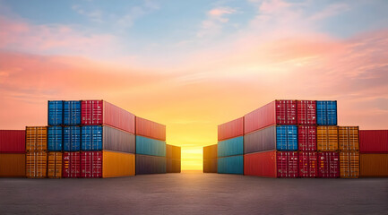 Fototapeta premium Colorful shipping containers stacked at a port during sunset, creating a vibrant scene with a beautiful sky.