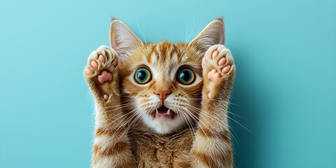 Surprised shocked cat face with paws on head on blue background with copy space. Superlative generative AI image