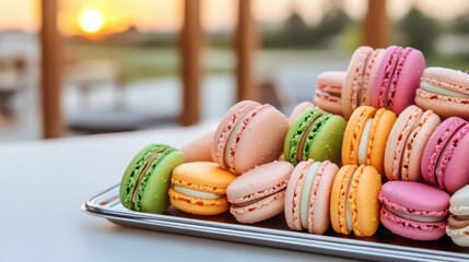 Elegant Array of Colorful Macarons on a White Plate Displaying Delights