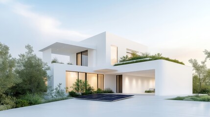 Modern, minimalist, white house with a swimming pool.  Landscaped grounds surround the property