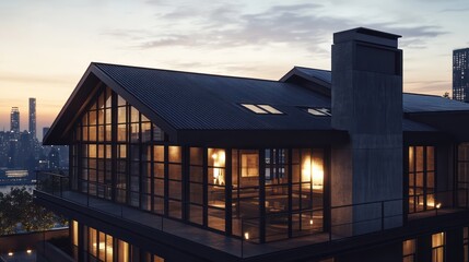 Fototapeta premium A modern urban house with a dark graphite-colored roof, large panoramic windows, and an industrial-style exterior made of concrete and steel