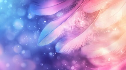Obraz premium Ethereal feathers in delicate pastel hues float on dreamy light texture background for soft elegance