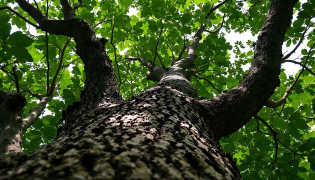 A low angle shot of a tree with green leaves and a textured trunk reaching into the sky above it