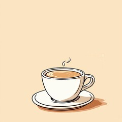 Obraz premium Simple line drawing of steaming cup of caramel macchiato with gentle steam swirls on a saucer against pale peach background