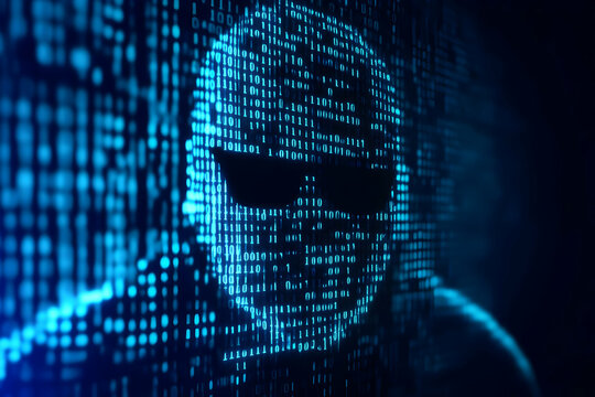 Digital hacker concept with a mysterious silhouette against a backdrop of binary code. Perfect for cybersecurity themes.