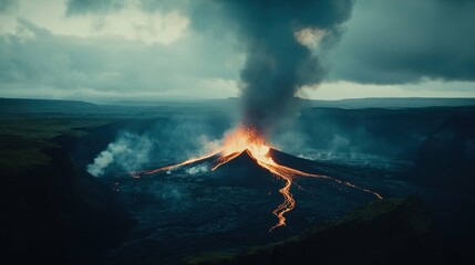 Mysterious volcanic island with multicolored lava rivers in a blackened landscape