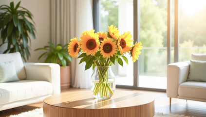 A bouquet of sunflowers on a wooden table against the background of a stylish living room close-up,