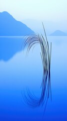 Obraz premium Serene nighttime riverside with glowing grass and vibrant blue light reflection